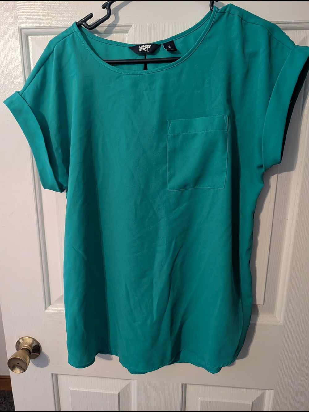 Lands' End Teal Short-Sleeve Pocket Blouse for Women